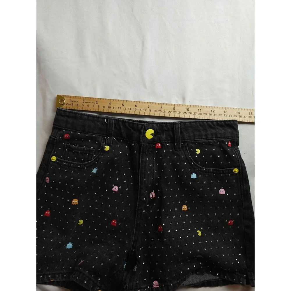 Justice‎ Pac Man Denim Shorts Size 14 Black Denim Rhinestone Retro Video Game